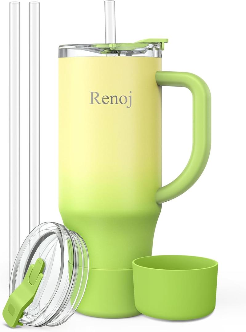 Renoj Insulated Mug 100% Leak Proof Insulated Water Bottle for Iced Coffee & Hot Drinks - Fits Car Cup Holder, Ideal Gift, 2 Straws & Silicone Boot - SnapShift Green Gradient 32 oz