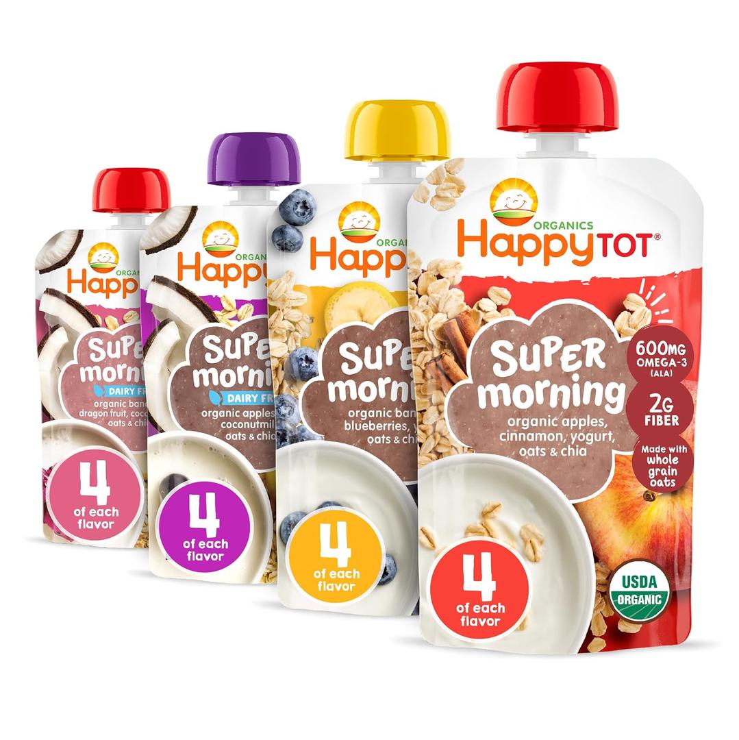HAPPYTOT Organics Stage 4 Baby Food Pouches, Gluten Free, Super Morning Fruit & Oat Variety Pack Blend 4 Oz (Pack of 16) Best By Jul 15, 2027