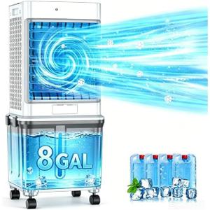 Swamp Cooler, [8GAL|2237 CFM] Portable Air Conditioners, 2 Modes 3 Speeds Portable AC Blow Cold Air, 120 Swing & 7H Timer, 30H+ Cooling, Windowless Air Conditioner w/Remote for Room, Office, Patio