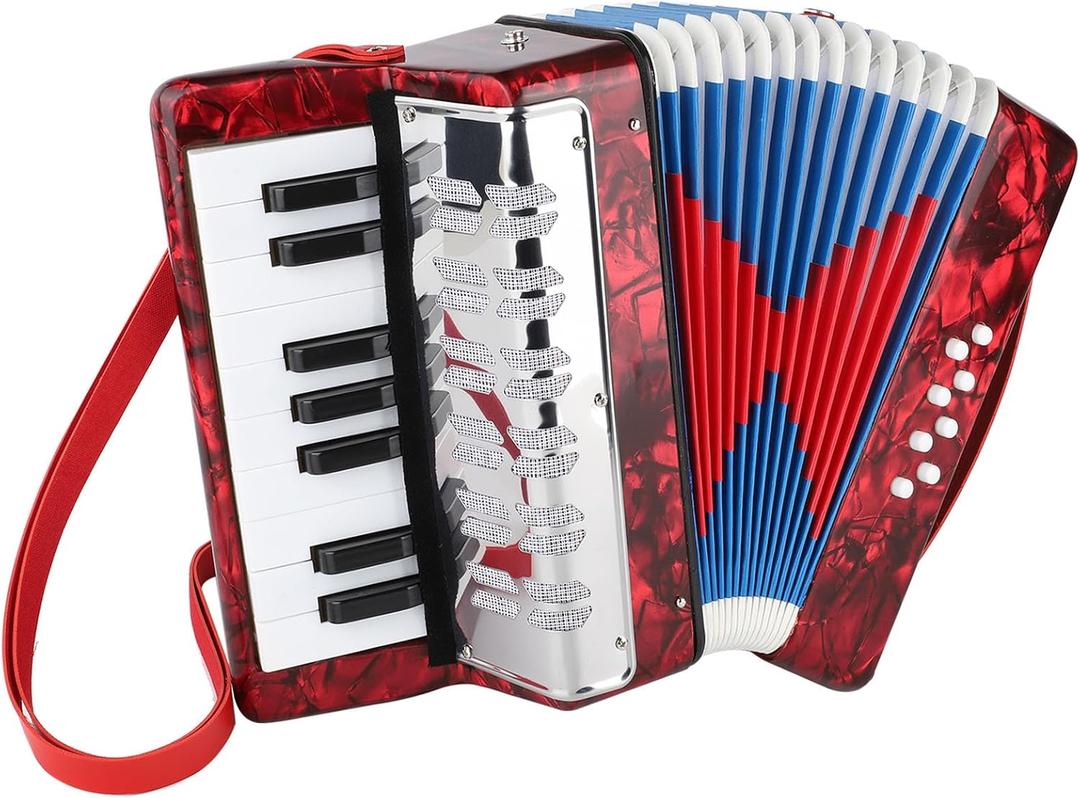 Accordion Instrument 17 keys Mini Accordian with Celluloid Body Strap for Beginners Acorden (Red)