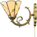 LITFAD Tiffany Style Leaf Wall Sconce Amber Glass Wall Lamp Single Light Wall Light Bedside Lamp with Pull Chain for Bedroom Staircase Hotel