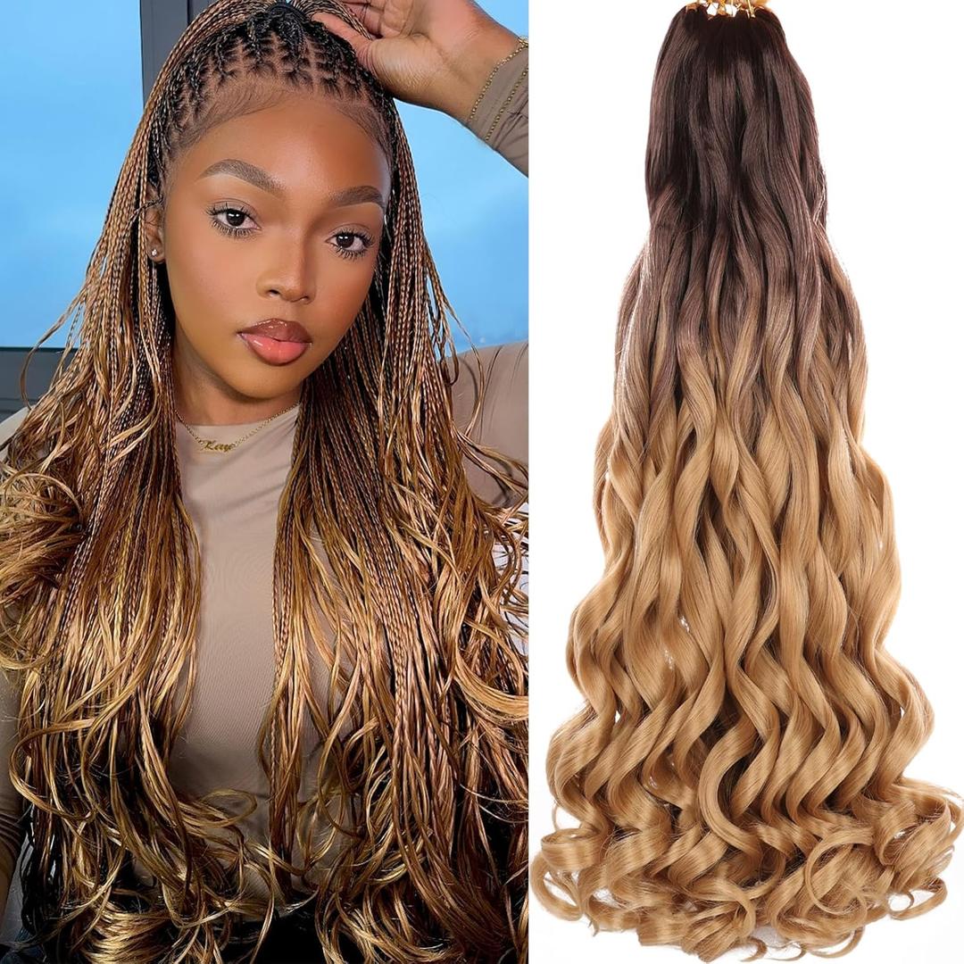 COOKOO French Curly Braiding Hair - 22 Inch, 9 Packs, Pre Stretched, French Curl, Bouncy, Ombre Brown to Blonde, Loose Wavy, Synthetic Hair Extensions for Black Women (OT4/27#)