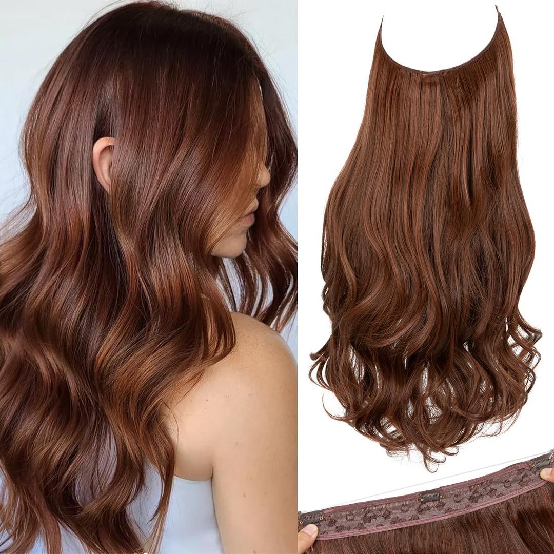 SARLA Invisible Wire Hair Extensions Short Wavy Curly Synthetic Hairpiece with 3 Clips for Women Adjustable Transparent Headband 14 Inch Red Vino