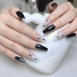 Medium Length Square Press on Nails, Handmade Press on Nails, Black Sparkling Stars False Nails, Professional Hand-Painted Art Fake Nails10 pcs Set (Size M)