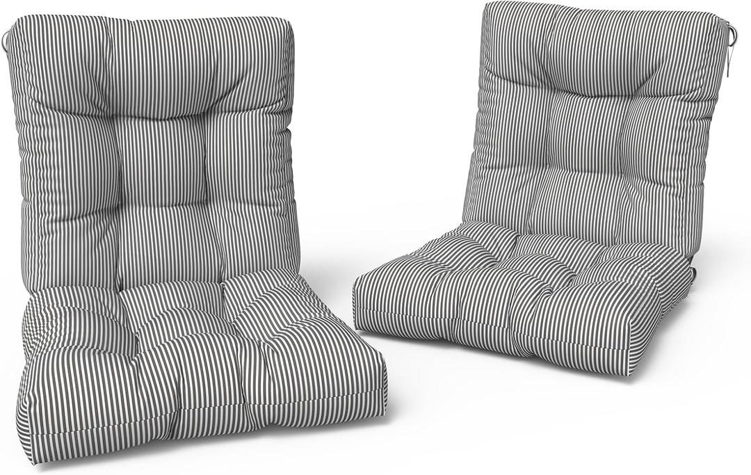 LVTXIII Outdoor Tufted Low Back Cushions, Solid Fluffy Seat and Back Chair Cushion with Ties, Patio Replacement Rocking Chair Cushion for Outdoor Furniture Use, 21 W x 21D, 2 Pack, Strip Grey