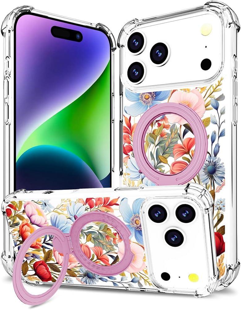 for iPhone 17 Pro Case Magnetic Clear Design,Compatible with MagSafe,Kickstand Vertical/Horizontal,Shockproof Airbag Bumpers Phone Cover - Red Rose Peony Floral