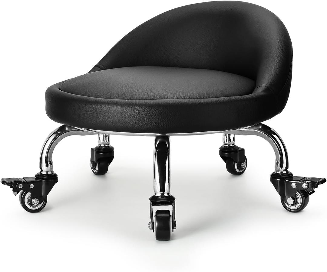 Rolling Stool with Backrest Low Height Rolling Stool with PU Leather, Roller Stool Chair, Roller Seats for Home, Office, Garage, Shop, Library (2"h Casters)