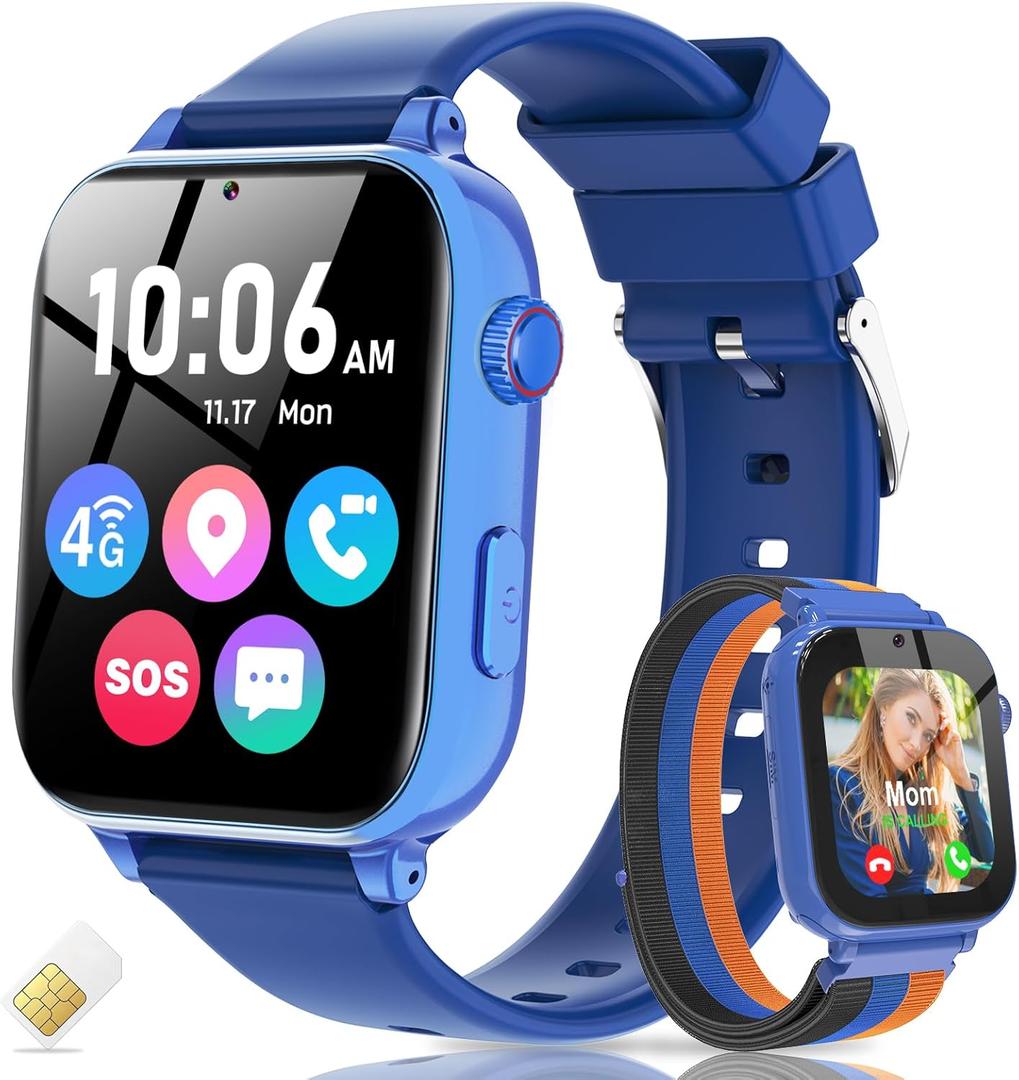 4G Kids Smart Watch with GPS Tracker, Video Call, Texting, and Phone Calls, Smart Watch for Kids with SIM Card, School Mode Alarm Clock SOS Alerts, Watch Gift for Age 4-12 Boys Girls, Bule