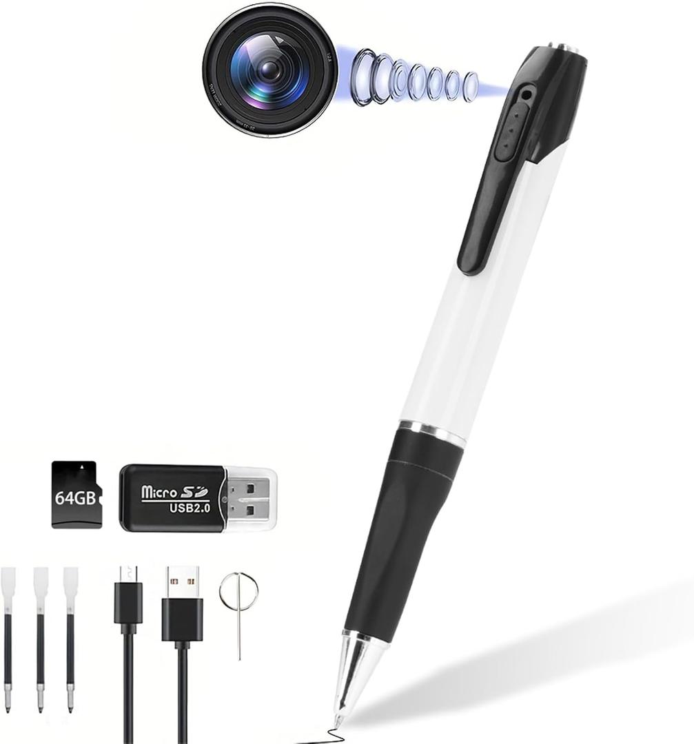 64GB HD Camera Pen with Mini Camera  1080P Portable Voice Recorder,Loop Recording,One-Touch Operation  Ideal for Meetings, Lectures, Notes (White)