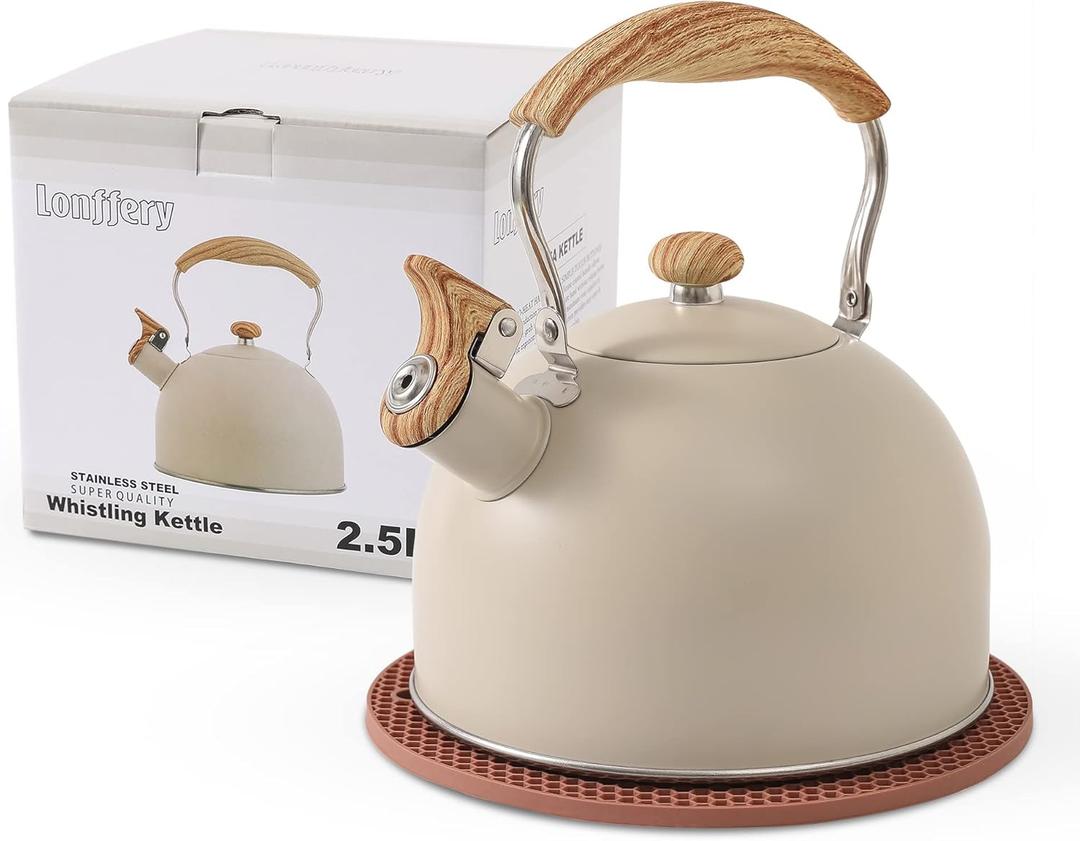 LONFFERY Tea Kettle for Stove Top, 2.5 Quart Whistling Tea Kettle, with Food Grade Stainless Steel and Wood Pattern Folding Handle, Creamy White