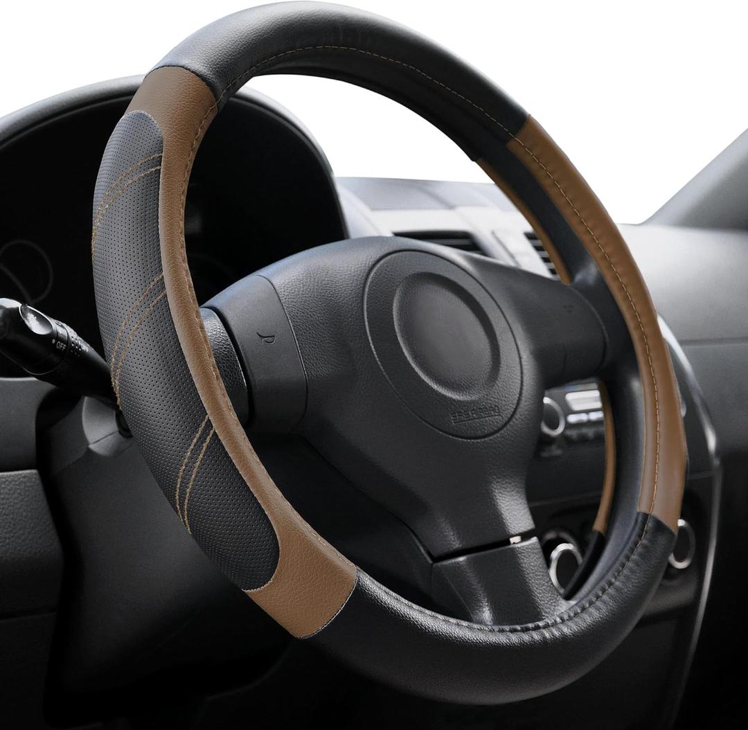 Elantrip Leather Steering Wheel Cover 15 1/2-16 inch Universal Padded Soft Grip Breathable for Car Truck SUV Jeep Anti Slip Brown (Black and Brown)