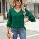 Rapbin 3/4 Length Sleeve Womens Tops Summer Lace Ruffles Sleeve T Shirts V-Neck Dressy Casual Trendy Tunic Blouses (Green, L)