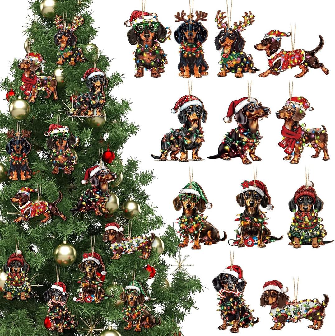 36 Pcs Dachshund Christmas Wood Ornaments Dachshund Dog Themed Christmas Tree Hanging Ornaments 3.4 Inch Pet Dog Pendants with Rope for Holiday Xmas Decorations Party Gift