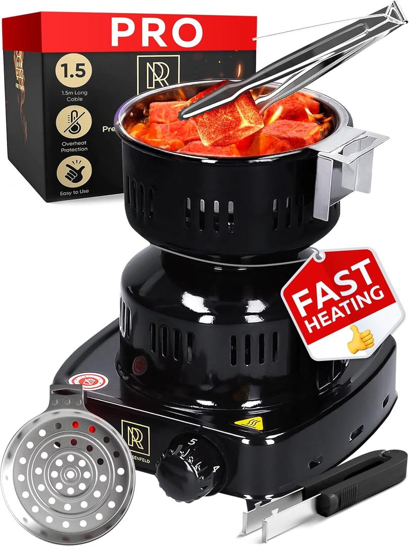 PRO Multipurpose Electric Charcoal Starter - Electric Charcoal Burner Approved Electric Stove - Coconut Charcoal Lighters with Tongs - 450W Hot Plate Electric with 304 Stainless Steel Coiled Burner
