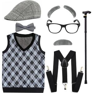 EFORLED Kids 100 Days of School Costume for Boys - Halloween Old Man Costume Hat, Glasses and Grandpa Vest Set for Child, LightGrey (Medium(8-10yr))