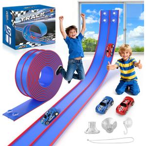 Flexible Race Track for Kids 15 Feet of DIY Flex Track Race with 2 Cars & 3 Strong Suction Cups Car Ramp Toy Track, for Kids Ages 3+, Blue