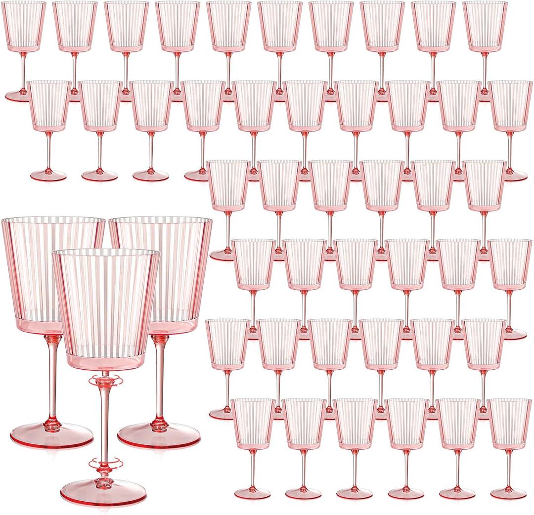 48 PCS Pink Plastic Wine Glasses with Removable Stems 13.5 Oz Pink Ribbed Wine Glasses Square White Wine Glass Muted Pastel Colors Goblets Elegant Fluted Glassware for Wedding Anniversary Birthday