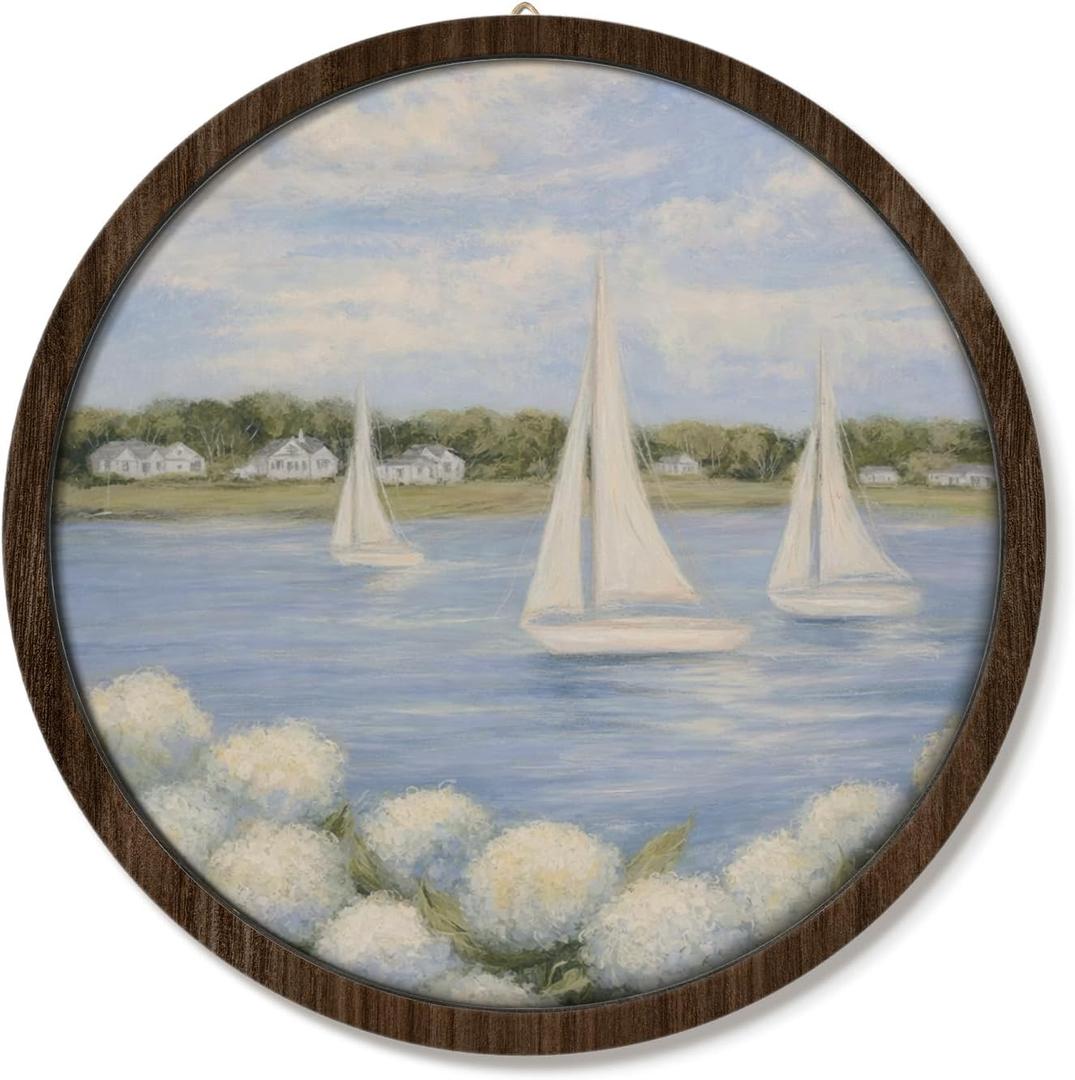 VONTP Coastal Hydrangea Sailboat Round Wall Art Decor, Chinoiserie Hydrangea Coastal Floral Circle Wall Decor for Home, Blue Beach Hanging Prints Lake for House Home Room, 10x10 Inches