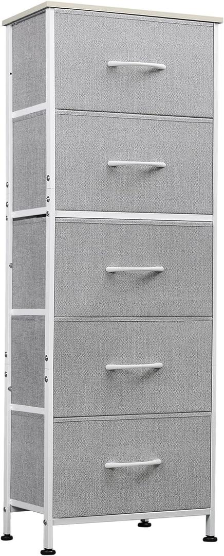 WLIVE Fabric Dresser, 5-Drawer Tall Dressers for Bedroom, Storage Dresser Organizer with Fabric Bins, Wood Top, Sturdy Steel Frame, Chest of Drawers for Closet, Hallway, Light Grey, 11.8"D x 15.7"W x 47.5"H
