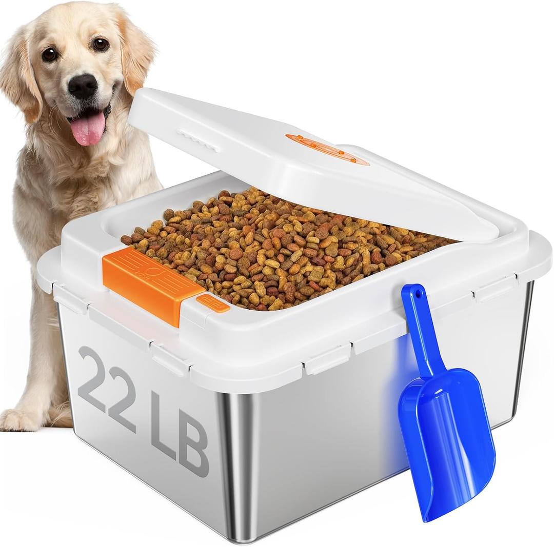 Stainless Steel Dog Food Storage Container 22LB, Airtight Pet Food Bin with One-Touch Lid, Large Capacity Metal Storage for Dog & Cat Food, Keeps Food Fresh, Odor-Proof & Easy to Clean