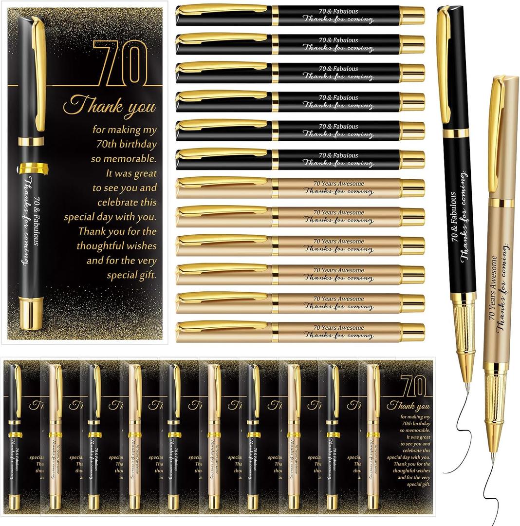 Feifeiya 30 Set 70th Birthday Party Favor for Guest Anniversary Party Favor with Black and Gold Ballpoint Pens and Thank You Cards for Women Men Birthday Anniversary Appreciation Gifts