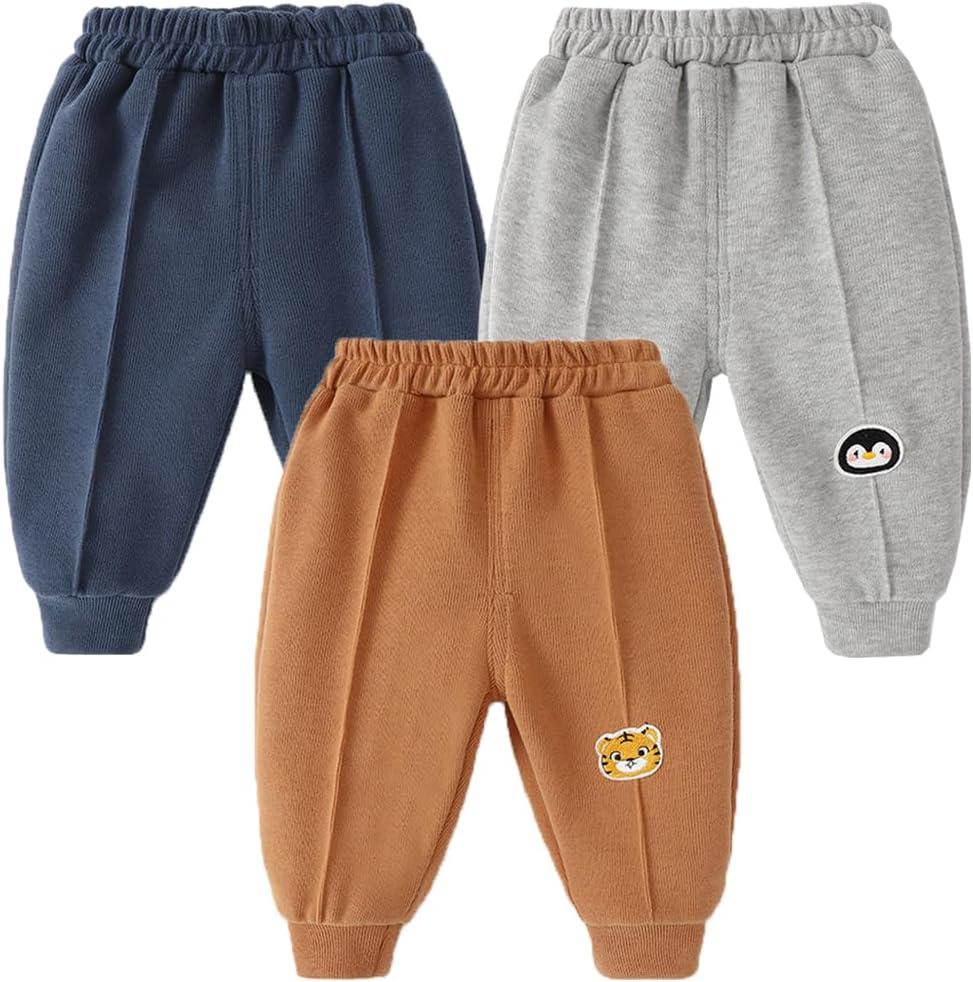 GFQLONG 3 Pack Baby Toddler Boys Cotton Pocket Active Jogger Pants, Casual Solid Elastic Waist Drawstring Sweatpants (6-12 Months, Gray+blue+curry)