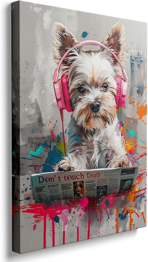 Ypxzzj Cool Colorful Graffiti Dog Wall Art for Bathroom, Funny Animal Canvas Print Painting for Bedroom,Graffiti Art Pictures for Living Room Home Decor Size 12x16Inch Framed Ready to Hang