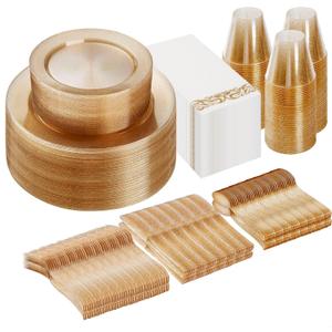 Goodluck 350 Pieces Dinnerware Set for 50 Guests, Plastic Plates Disposable for Party, Include: 100 Gold Glitter Plastic Plates, 50 Paper Napkins, 50 Cups, 50 Gold Glitter Plastic Silverware Set