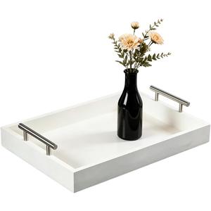 Serving Tray 16.5X 13 Deluxe Wooden Ottoman Food Tray for Eating, Dinner Trays for Eating on Couch Tray,Coffee Table with Polished Silver Metal Handles-4 Round Coasters Included, White