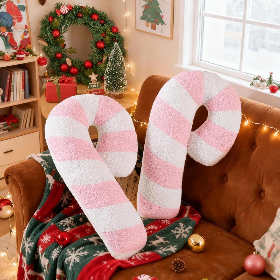 Lanpn Christmas Candy Cane Pillows Set of 2, Christmas Decoration Winter Throw Pillow Soft Fleece Long Lumbar Candycane Lollipop Peppermint Cushion for Sofa Xmas Decor (22x12 inch, Pink)