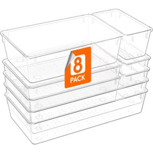Lifewit 8 Pcs Large Bathroom Drawer Organizers, 3 Sizes Clear Plastic Storage Organizer Trays for Make Up, Kitchen Utensils, Vanity Accessories in Bathroom/Office/Dresser Organization