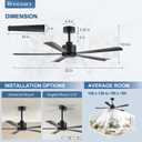 52 inch 5 Blade Ceiling Fans without Light Remote Control, Quiet Reversible DC Motor, 5 Black Blades, 6-Speed, Industrial Ceiling Fan for Home Kitchen (Black)