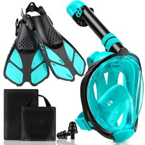 Mask Fins Snorkeling Gear for Adults, Full Face Snorkel Mask & Adjustable Swim Fins Snorkel Set, Panoramic View Snorkel Mask Dry Top Anti-Fog Anti-Leak (Green)
