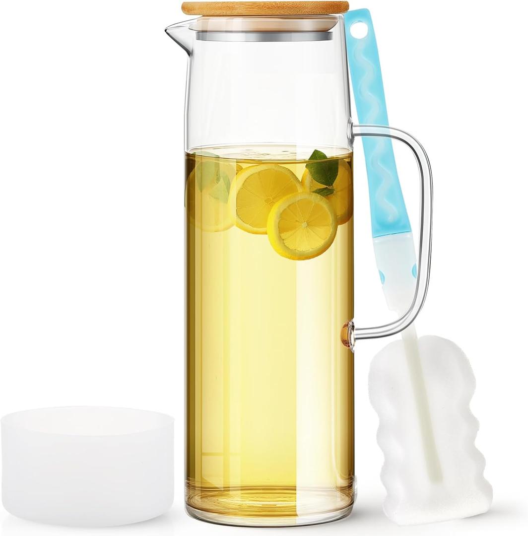 Hsei 50 oz / 1500 ml Glass Pitcher with Lid, Water Carafe with Handles for Hot/cold Beverages, Including 1 Long-handled Brush and Non-slip Mat, for Tea Juice Milk Coffee