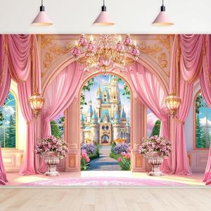 Newsely Princess Castle Garden Backdrop 8Wx6H Photography Pink Palace Curtain Crystal Floral Green Plants Cloud Lamp Sky Cute Background Girly Party Decorations Banner Photo Booth Props Supplies