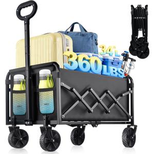 Collapsible Wagon Cart with Wheels Foldable - Lightweight 360LBS Heavy Duty Folding Utility Portable Beach Wagon with All-Terrain Wheels for Groceries Shopping Garden Sports Camping