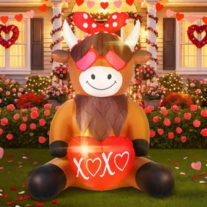 Soulchen Valentine's Day Inflatable Outdoor Decoration Highland Cow Holding a Heart 4ft Cute Valentines Blow up Decor Built-in LED Light for Yard Home Wedding Garden Lawn Party Supplies