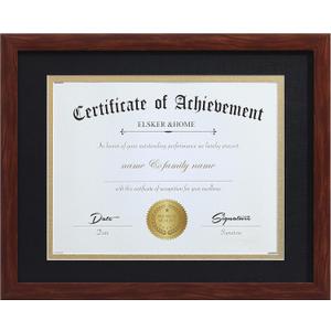 ELSKER&HOME 8.5x11 Certificate Frame - Classic Coffee Color Frame - Displays Diploma 8.5x11 Inch with Mat - 11x14 Inch Without Mat - For Document/Photo(Double Mat - Matte Black with Gold Rim)
