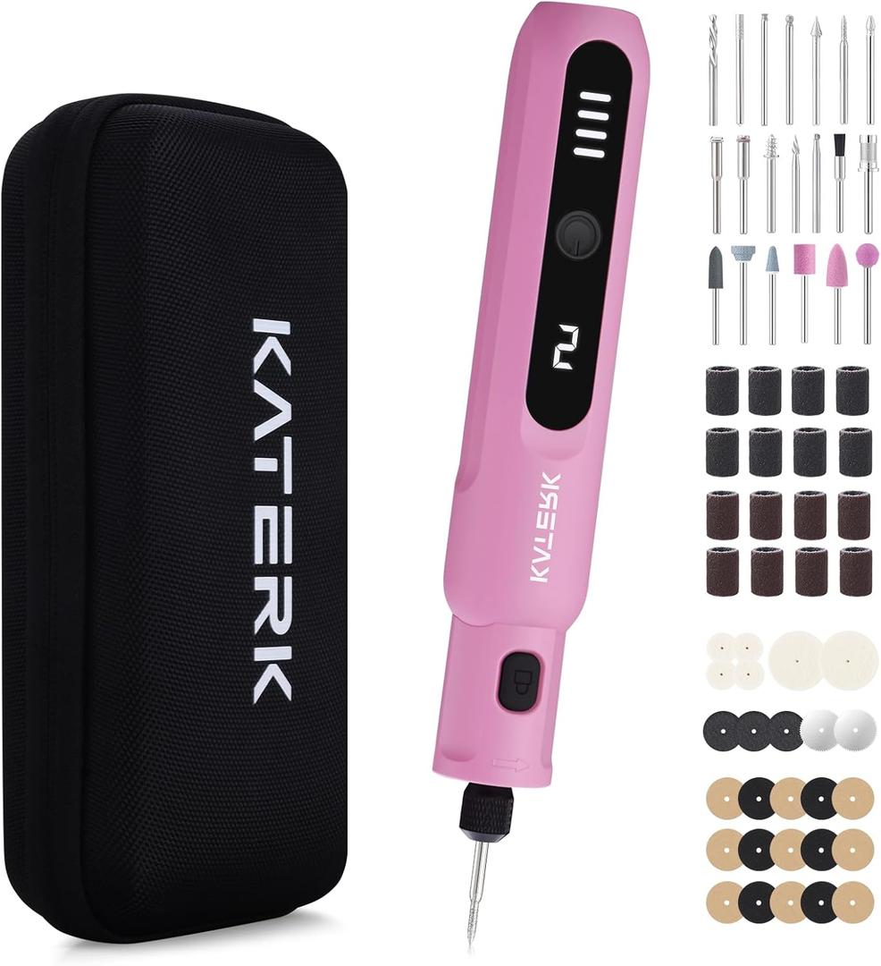 Katerk Mini Cordless Rotary Tool, 5-Speed Rotary Tool Kit, 5000-20000RPM & 70 Accessories, Multi-Purpose 3.7V Power Rotary Tool for Sanding, Engraving, Polishing, Drilling, 3D Printing, DIY Crafts (Pink)