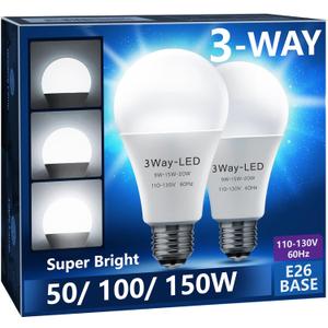 Briignite 3 Way LED Light Bulbs 50-100-150W Equivalent Daylight White 5000K, 3-Way A21 LED Light Bulb E26 Medium Base, 600LM-1250LM-1850LM, Perfect for Table Lamp, Floor Lamp, Desk Lamp, 2 Pack