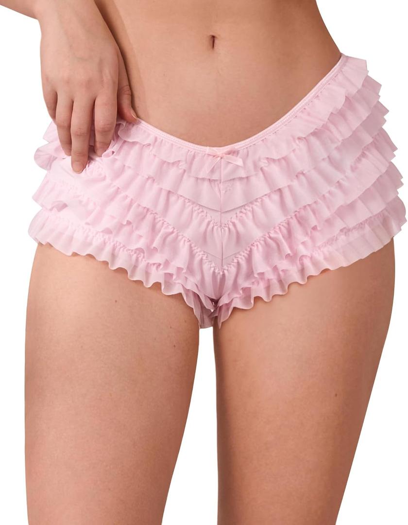 SHARICCA Womens Sexy Mesh Ruffle Panties Booty Boy Shorts Underwear (Small-Medium, Pink)