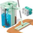 HoMettler 3-Tank Transparent Mop and Bucket Set with Separate Dirty & Clean Water, 65" Flat Mop for Floor Cleaning, 4 Machine Washable Microfiber Pads for Wood Tile - Green