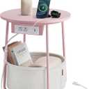 VASAGLE Side Table with Charging Station, Round End Table With Fabric Basket, Nightstand with Power Outlets USB Ports, for Living Room, Bedroom, Modern, Jelly Pink and Cream White ULET228R01 (Jelly Pink + Cream White)