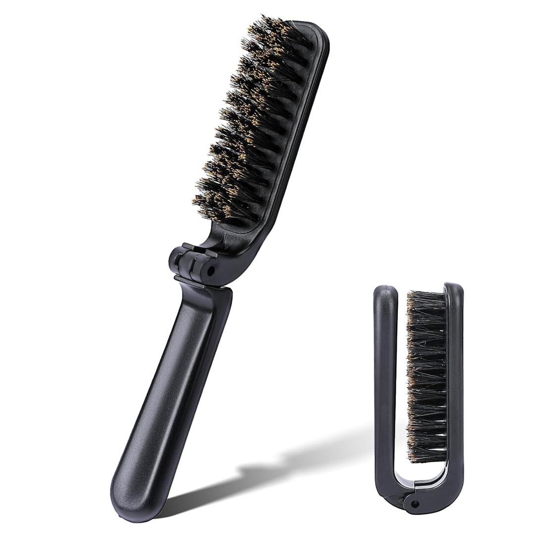 Mozeat Lens Folding Boar Bristles Brush, Collapsable Pocket Hair Brush with Natural Bristles, Anti-Static Range Hair Brush, Mini Beard Brush, Portable Hair Styling Tool for Women and Men (Black)