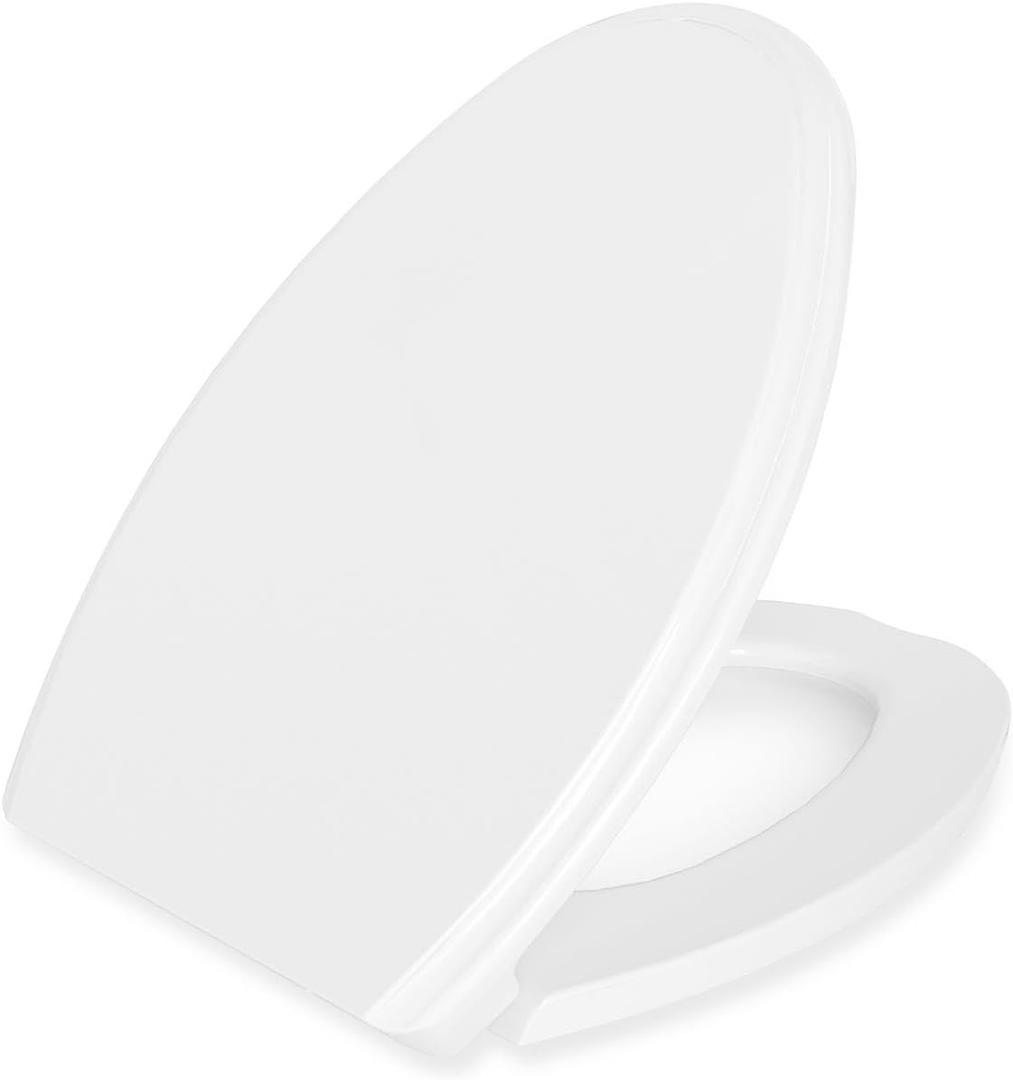 Elongated(Oval) Toilet Seat, Quick-Attach Hardware Metal Hinges, Heavy Duty, Slow Soft and Quiet Close, Durable and Sturdy, Easy to clean, Fits Elongated(Oblong) Toilets, White(18.5)