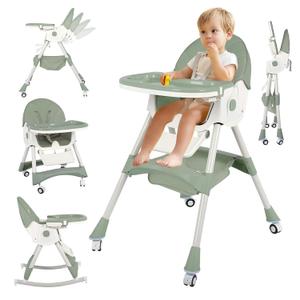 6 in 1 High Chair for Babies and Toddlers Portable Folding Baby Feeding Chair with Wheels and Footrest,Adjustable Height and Backrest Multi-Functional Highchair for Home and Travel