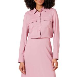 Amazon Essentials Women's Georgette Long Sleeve Relaxed-Fit Pockets Shirt (Pink, XS)