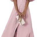 chouyatou Women Summer Puff Sleeve Button Down Shirt Dress Flowy Elegant Business Casual Midi Long Dress (Pink, L)