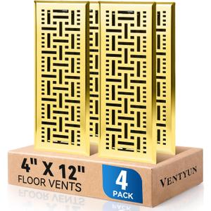 Electroplated Floor Register,4" x 12" 4 Pack,Walkable Metal Vent Covers for Wall/Floor with Adjustable Airflow Curved Safe Edges,Gold