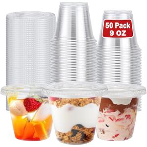 50 Pack 9 oz Disposable Clear Plastic Parfait Cups with Flat Lids, Yogurt Parfait, Putting Cups for Cake, Cold Drink, Ice Cream, Fruit, Salad | Disposable, Flat Lids, Yogurt Parfait, Putting Cups, for Cake, Cold Drink